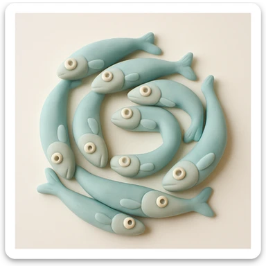anchovies arranged in a spiral, fondant cake art style, pastel tones, no text sticker