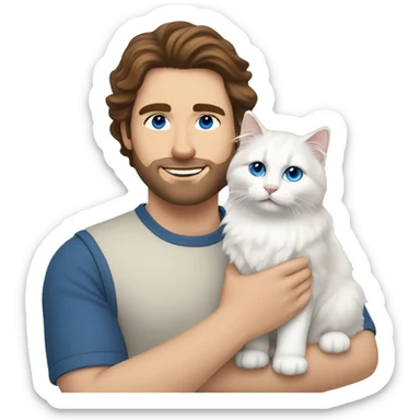 Man with brown hair and holding a all white Siberian cat with blue eyes sticker