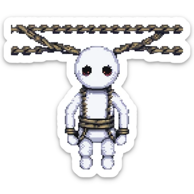A pixel art character wrapped up in rope like a mummy, looking silly with just eyes visible sticker