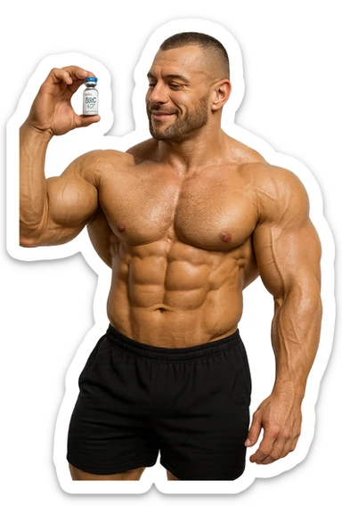 BODYBUILDER A FIGURA INTERA CHE TIENE IN MANO UNA FIALA MEDICA CON la scritta "BPC 157" SULL'ETICHETTA E LA GUARDA SODDISFATTO, iperrealistico 4k sticker