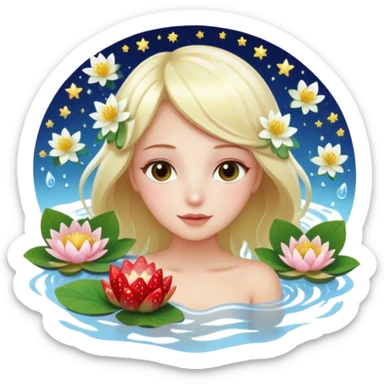 a beautiful girl mix with  watel lili and  Strawberries  being born with an nenuphar on her light hair on stars  sticker