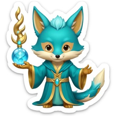 Chibi teal fox with gold mark on forehead, teal-gold robe, holding glowing blue water orbs, with a dragon tail on its backside with small antler horns on its head sticker