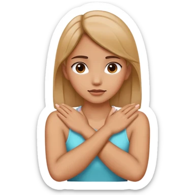 A girl with her hands crossed holding her neck sticker