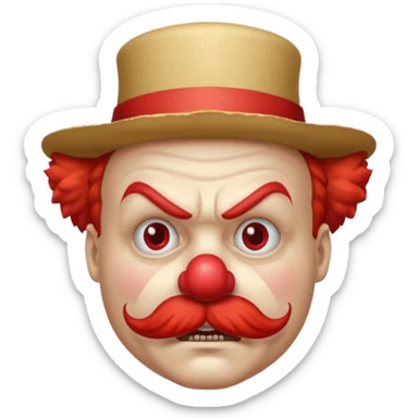 Angry clown — furrowed brow, mustache, tiny hat. sticker