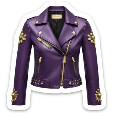 Alexander McQueen brand Cropped midnight plum color leather detailed jacket for women with silver and gold metallic chrome, gothic edgy style embellishments. 8k, 5000x5000px, 3D rendering, realistic, isolated still life, no emoji faces no emoji icons no human figures  sticker