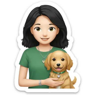 An asian girl wearing a tender green round-neck T-shirt, a thin silver necklace , long black and straight centre part hairstyle, slightly curly hair, smiling, holding a golden retriever sticker