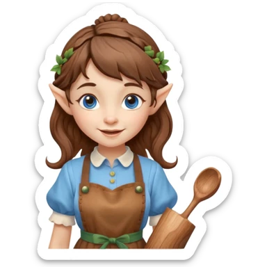 Kind happy whimsical quirky Girl toymaker, wood carving elf. Woodland creator. Blue eyes. brown hair (just below chin length) wavy hair & bangs. Whimsical playful cute sticker