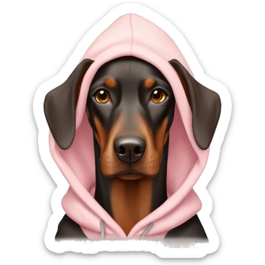 A red and tan female American Doberman wearing a pale pink hoodie sticker
