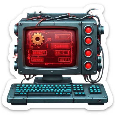 Old cyberpunk computer filled with junk drives and corrupted code, glowing error lights, sparks flying as gears grind and malfunction, interface full of broken UI elements and trash icons, dark gritty sci-fi setting, detailed close-up sticker