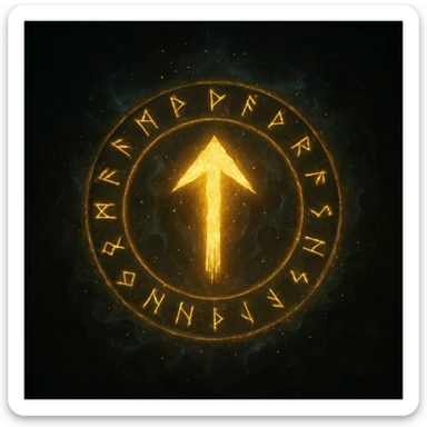 up arrow in a circle, talismanic style, ancient runes and glowing effects, mystical, enchanted sticker