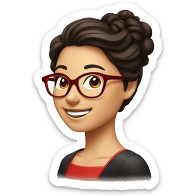 person with dark brown hair with a pronounced bust, updo and hair with red glasses, perfect smile, smiling in profile, with thoughts about chemistry sticker