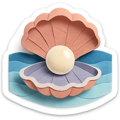 clam with a large pearl, ocean background, layered paper effect, paper-craft style sticker