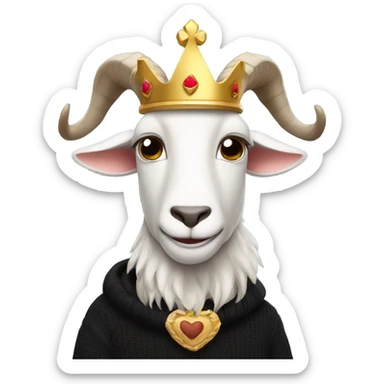Goat with horns wearing a black sweater and big royal crown sticker