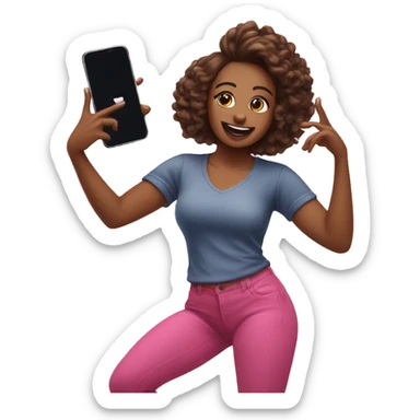 An emoji of a woman recording a TikTok dance video, holding a smartphone, mid-dance with a confident pose sticker