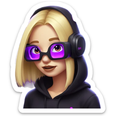 Russian cute blond girl wearing black hoody with violet letters "OMG", in vr headset. Cyberpunk style. Violet neon. sticker