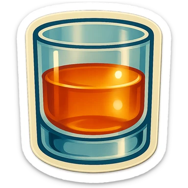 A whiskey glass half-filled with whiskey, with a vintage design sticker