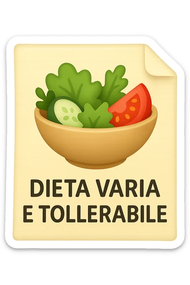 emoji stile iphone di un foglio con un insalata disegnata sopra e la scritta "DIETA VARIA E TOLLERABILE, iperrealistico 4k, isolato su sfondo bianco sticker