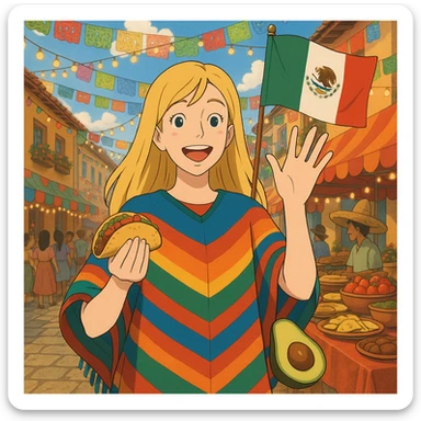 ghibli style cartoon of a tall blonde woman in a colorful poncho, smiling, holding a taco and avocado, waving a Mexico flag, festive street party background with food and decorations sticker