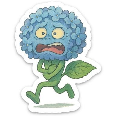 sky blue hydrangea flower with a twisted face and bulging eyes, holding its belly in a desperate toilet run, soft pastel shades, ghibli style sticker