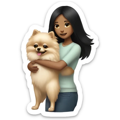 Girl (with black hair) hugging light cream pomeranian sticker