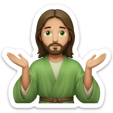 Jesus, green eyes, light green robe. opening arms, gazing thoughtfully. Soft light, subtle fern. Waist-up, profile. sticker