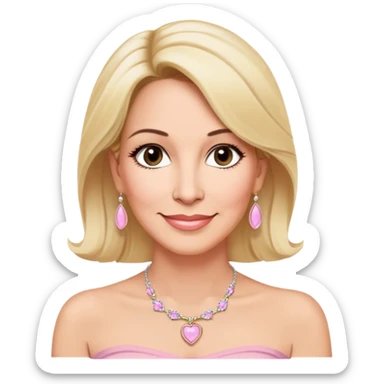 Linette Torres, 50-something Puerto Rican actress with fair complexion, kind-hearted expression, bright caring eyes, soft smile, blonde hair, wearing a light pink strapless top that sits below her shoulders and a simple elegant necklace sticker