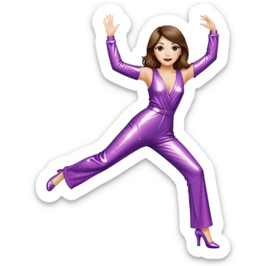 woman with white skin and brown hair disco dancing with one arm up, wearing a sparkly jumpsuit, energetic pose sticker