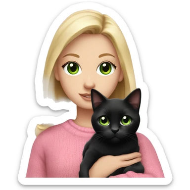 Pretty green eyed white girl with blonde hair in a pink sweater holding a black cat sticker