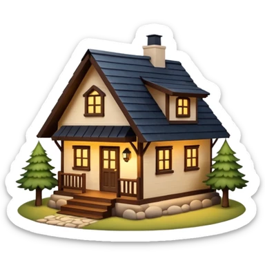 A cozy small house with warm lights coming from the windows, wooden details, surrounded by trees, peaceful atmosphere, soft lighting, charming and realistic
 sticker