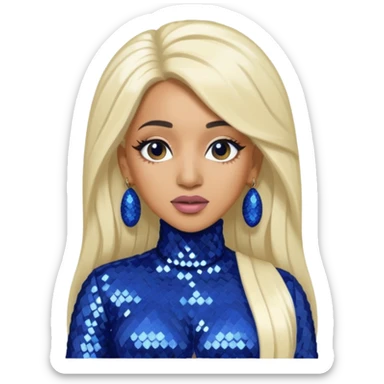 Cardi B with tan skin, long white blonde hair, indigo sequin outfit sticker
