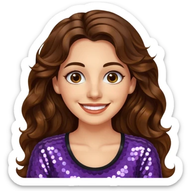 30 yr old italian woman, long brown wavy hair, big brown eyes, huge smile, sequin shirt, no bangs,  sticker