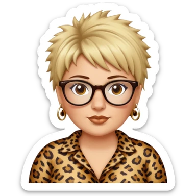  plus size white women dressed in leopard with short medium brown and blonde shaggy spiked hair wearing glasses with hazel color eyes and wide flat nose sticker