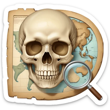 An icon featuring a human skull and fossils, representing anthropology. The design includes a magnifying glass and a map of ancient human migration paths, symbolizing the study of human evolution and cultures. Transparent background highlights the scientific exploration of humanity’s past. sticker
