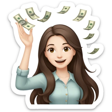 happy beautiful pale brunette girl with long hair throwing money sticker