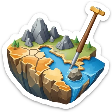 An icon featuring a rock hammer, a geological map, and layers of Earth’s crust, symbolizing geology. The design includes mineral samples, fossils, and tectonic plates, representing the study of Earth’s structure and natural processes. Transparent background highlights geological exploration sticker