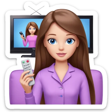 beautiful barbie girl with long brown hair, blue eyes and wearing light purple clothes watching tv shows sticker