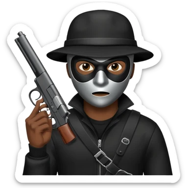 A black male in a robber mask with a gun sticker