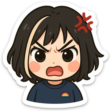 Make this exact chibi girl look angry, keeping the same anime chibi style, face, hair, and outfit. Add furrowed brows, a frown, and a little anger mark on her forehead. Transparent background, sized for Twitch emoji use. sticker