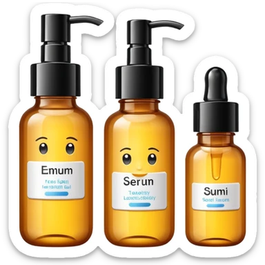 emoji of three beauty products (tube, serum, jar), with luxury labels, minimalistic but luxury design (realistic) sticker