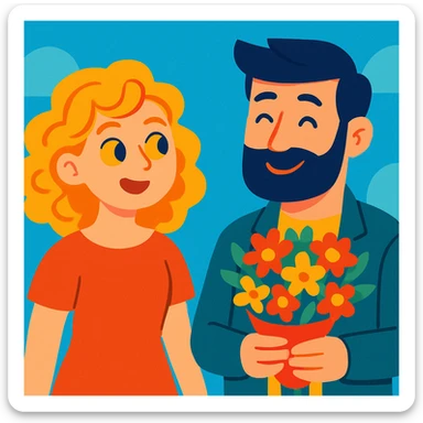 a curly haired girl with yellow eyes and hair parted from the right side, standing next to a handsome bearded man who is holding a bouquet, visually appealing, friendly, and expressive sticker
