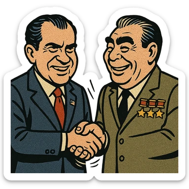 US President Nixon wearing a suit with a large US flag badge standing very close to and shaking hands with Soviet leader Brezhnev who is wearing a suit with soviet war medals on his chest. Both men are happy. sticker