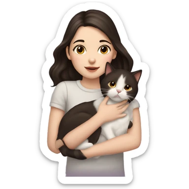 A pale girl with dark brown hair and dark brown eyes kisses a cat in her hands sticker