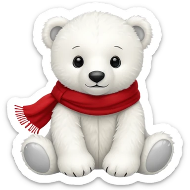 White Jellycat polar bear cub stuffed plush wearing a red scarf sticker