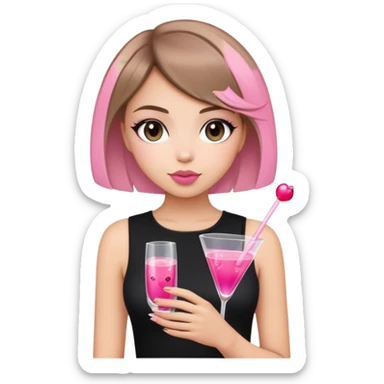 light brunette short hair girl black top holding a pink cosmo sticker