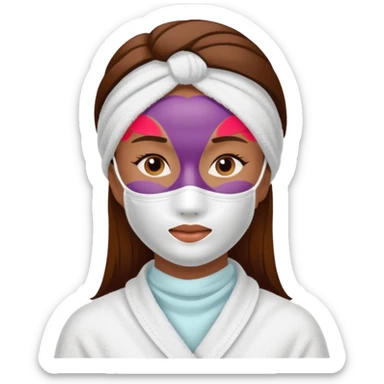 a woman with brown hair wearing a white towel and a skin care mask on her face sticker