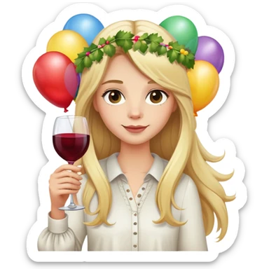 Blond long hair birthday girl with garland and ballons and wine  sticker