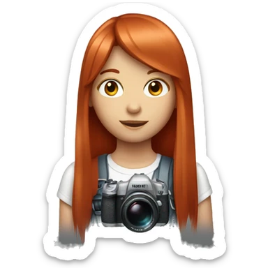 girl with long, straight red hair and fringe with camera sticker
