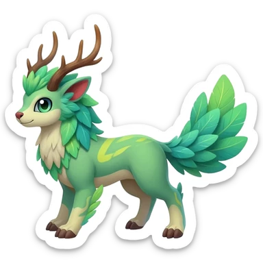  Tropical feathery shamanic cultural Greenish beautiful handsome gorgeous aesthetic colorful vibrant Vernid-Trico-species-Fakemon-creature by LiLaiRa, 4 legs, 1 tail, random markings, (full body) with antlers sticker