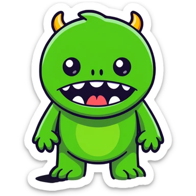 cartoon green monster, no teeth, playful expression sticker