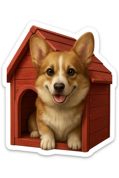 Make the dog house red and make the corgi look even more realistic in an emoji style. Keep the background transparent. sticker